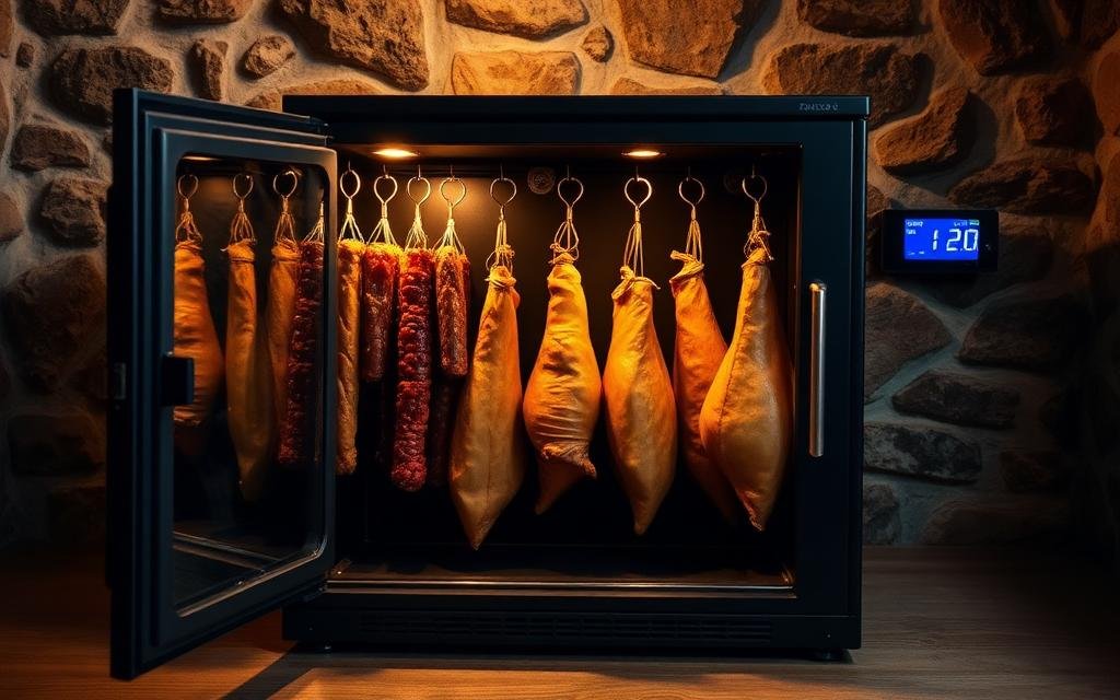 Câmara de maturação caseira montada com carnes curadas penduradas